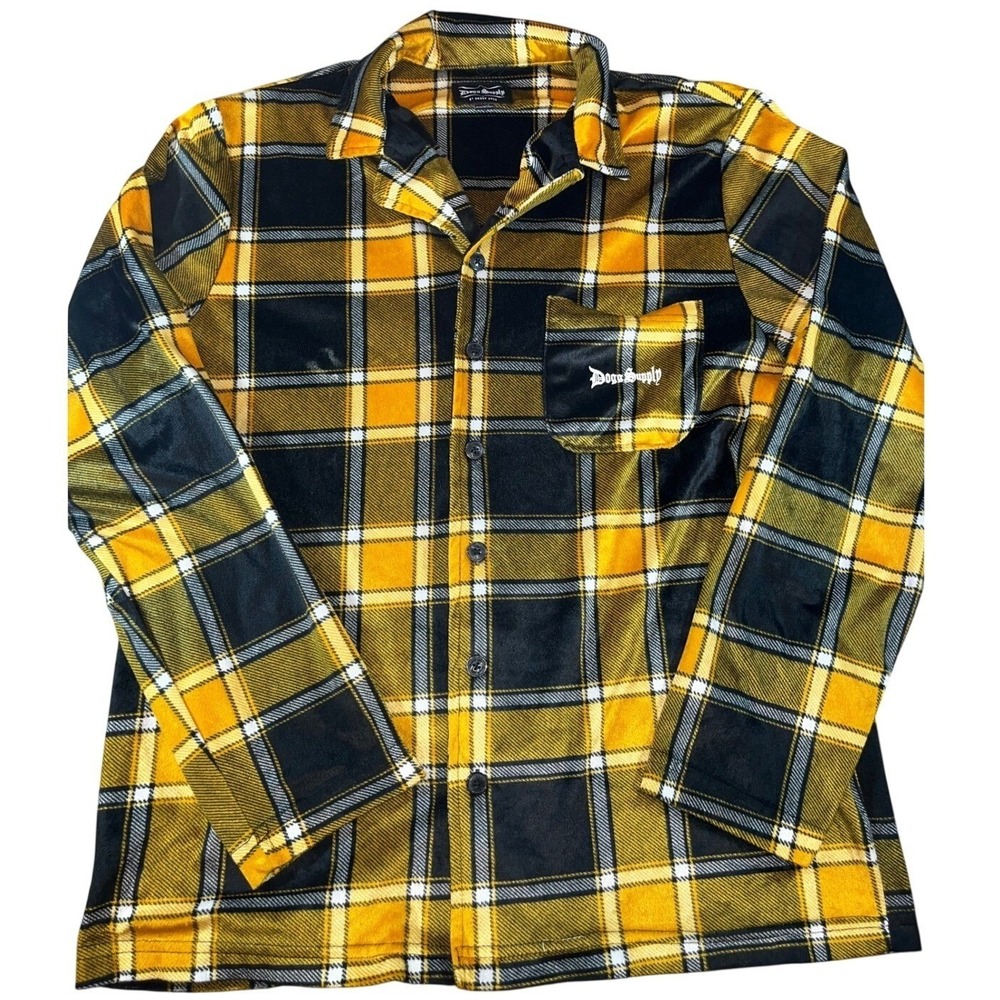 Dogg Supply Snoop Dogg Plaid Flannel Button‎ Up Shirt Mens Medium Yellow Black
